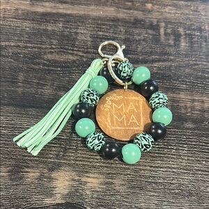 Mama Wooden Beaded Bracelet Keychain with Tassel & Thick Charm Bright Green